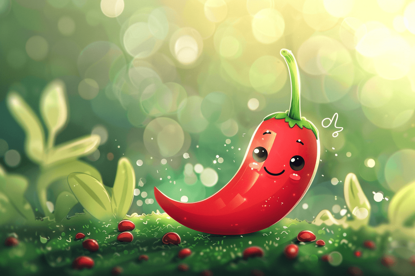 illustration of a red chili pepper with cute face with a green background