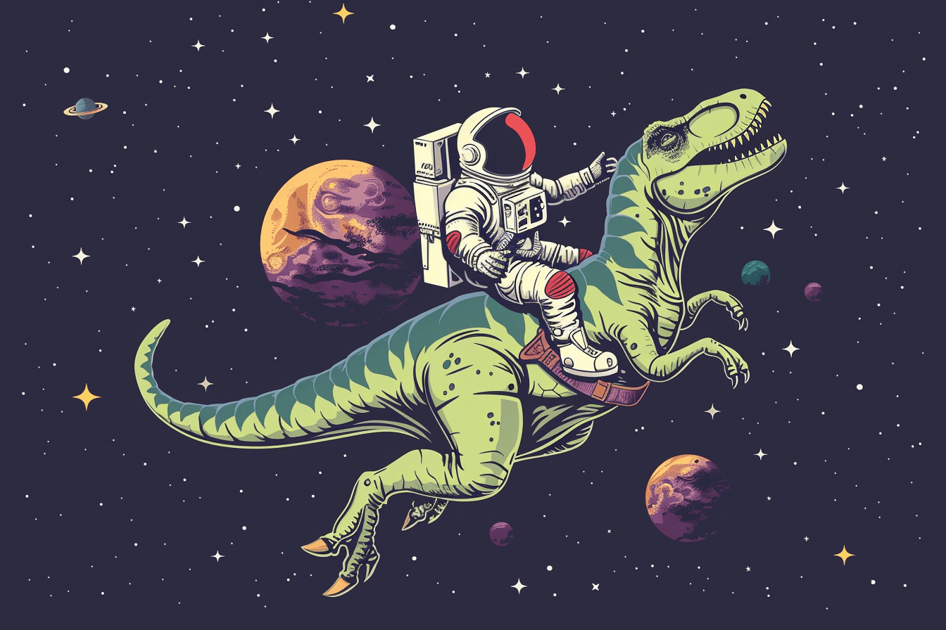 Astronaut riding a T-rex in space