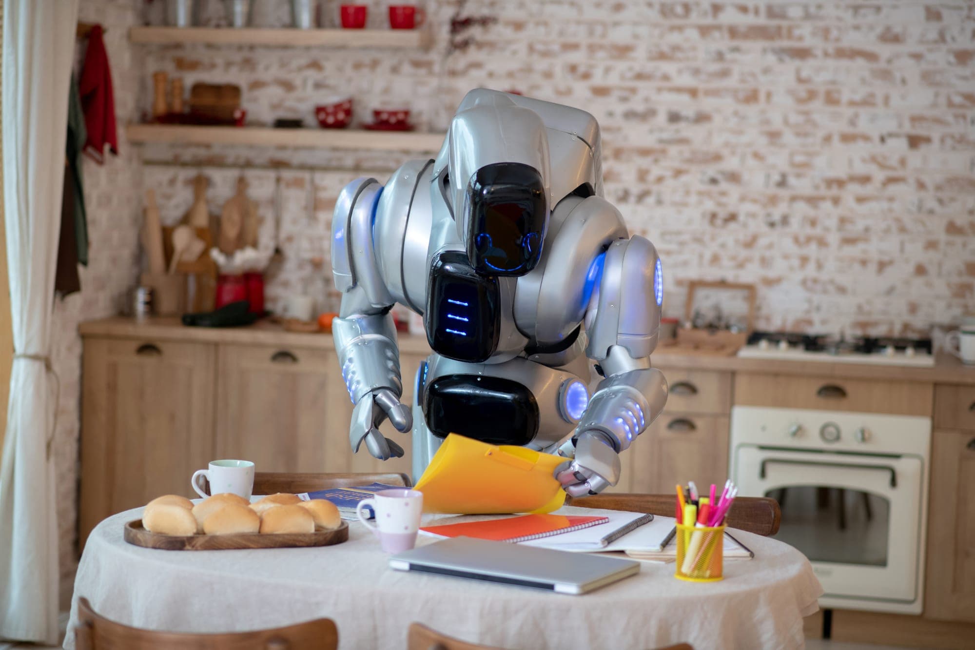 Image of mischievous robot at a dinner table doing homework.