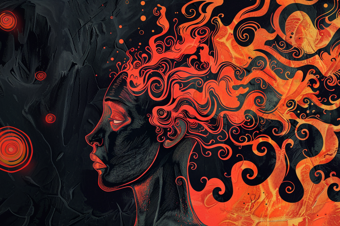 Artistic illustration of a person with their head on fire