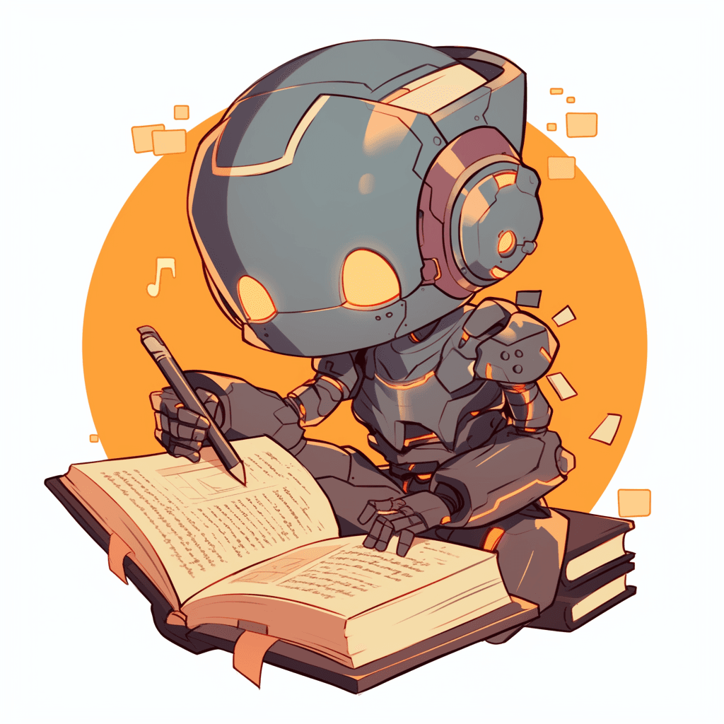 robot holding a pencil writing a book