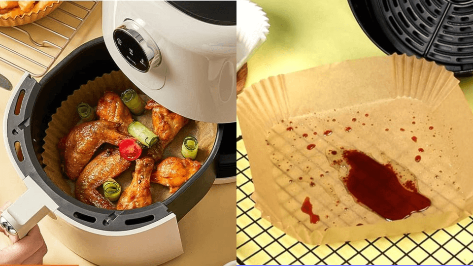 air fryer with liner in basket and liner with grease leftover